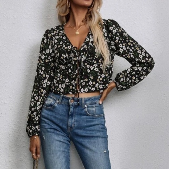 Floral tie front blouse womens - Picture 4 of 4